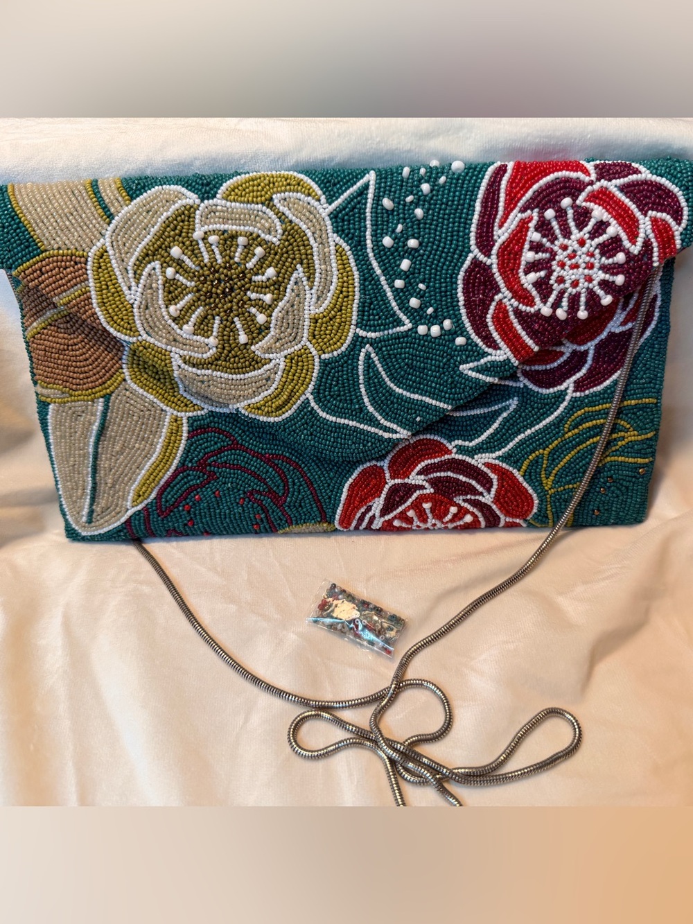 Ricki designs Beaded  Floral Clutch Bag in Teal and Red